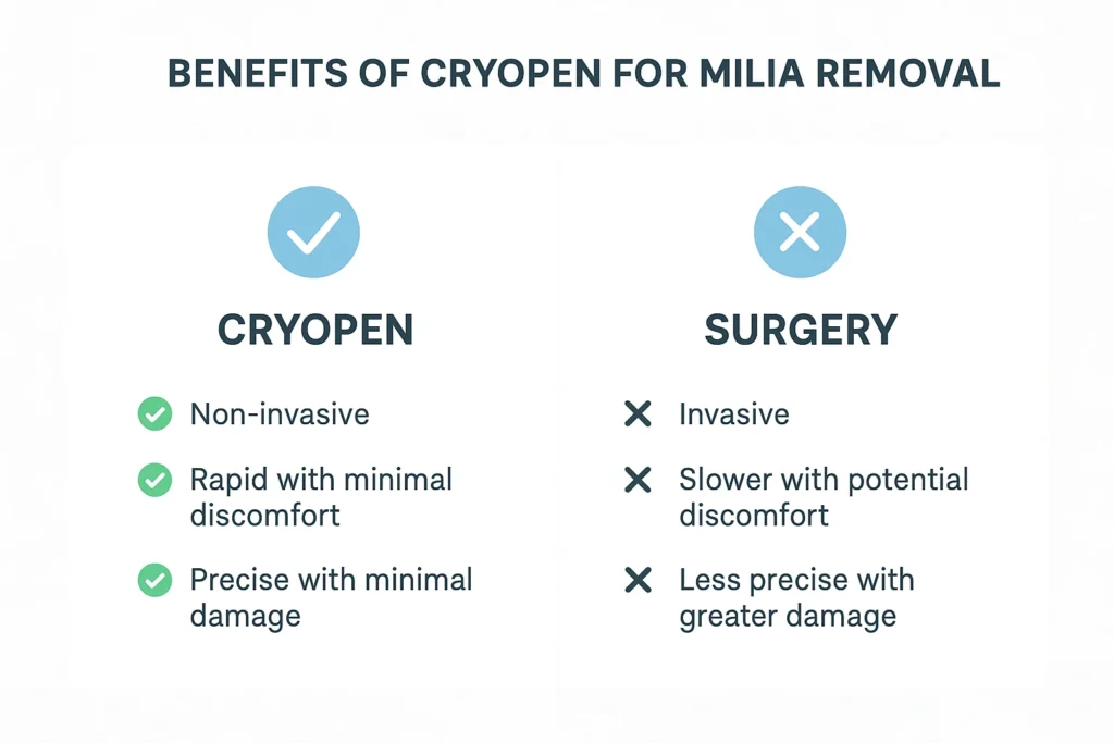 Benefits of cryopen for milia removal Bicester compared to surgical treatments.