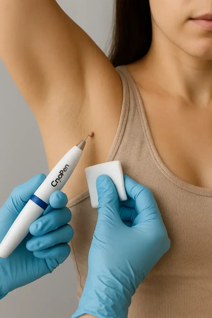 woman having cryopen to remove underarm skin tags Bicester