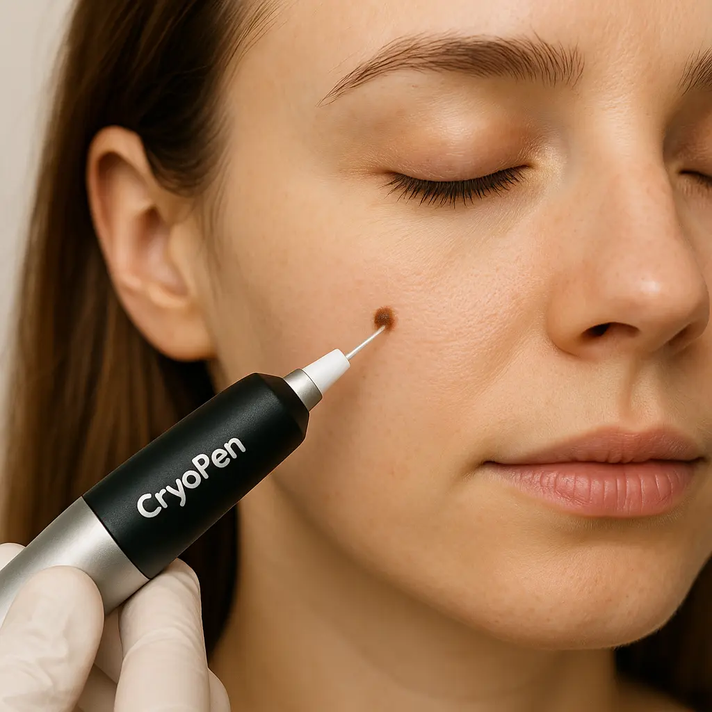 woman receiving facial mole removal Bicester using cryopen 