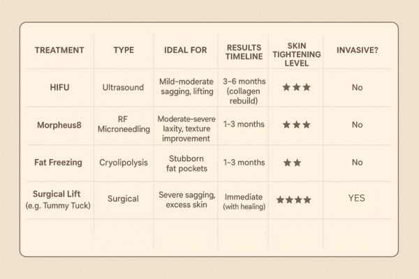 Table showing the comparisons of Skin tightening Bicester treatment options. 